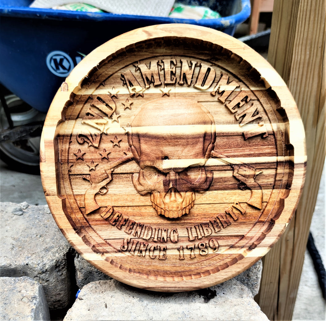 Valet Catchall Dump Tray 3D wood carving 2nd Amendment Acacia wood 12 inch