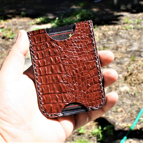 Handmade Leather Minimalist Wallet MINUS Brown Alligator Slim