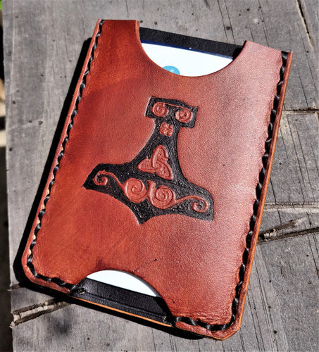 Handmade Leather Minimalist Wallet MINUS Heathen Black Brown Viking Mjolnir
