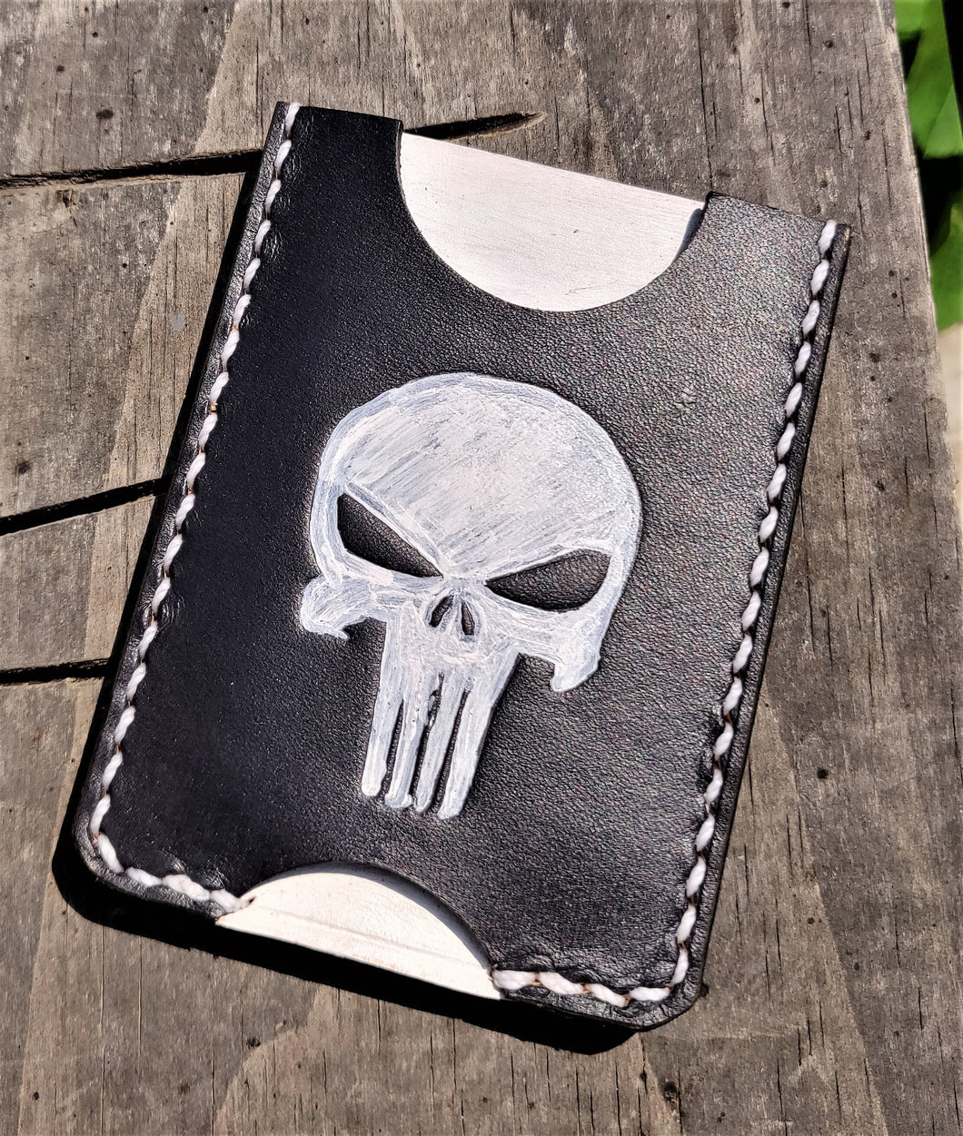 Handmade Leather Minimalist Wallet MINUS Black White Punisher