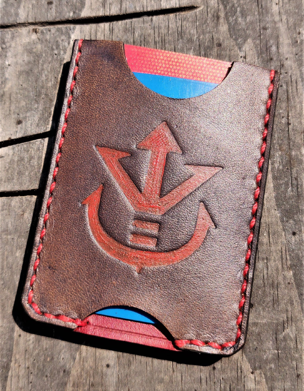 Handmade Leather Minimalist Wallet MINUS Red Gray Dragon Ball Saiyan Royal Crest Vegeta