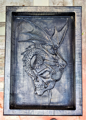 Dragon Skull Valet 3D carve Wood Catchall Tray Dump Cellphone Keys Cady Black Maple